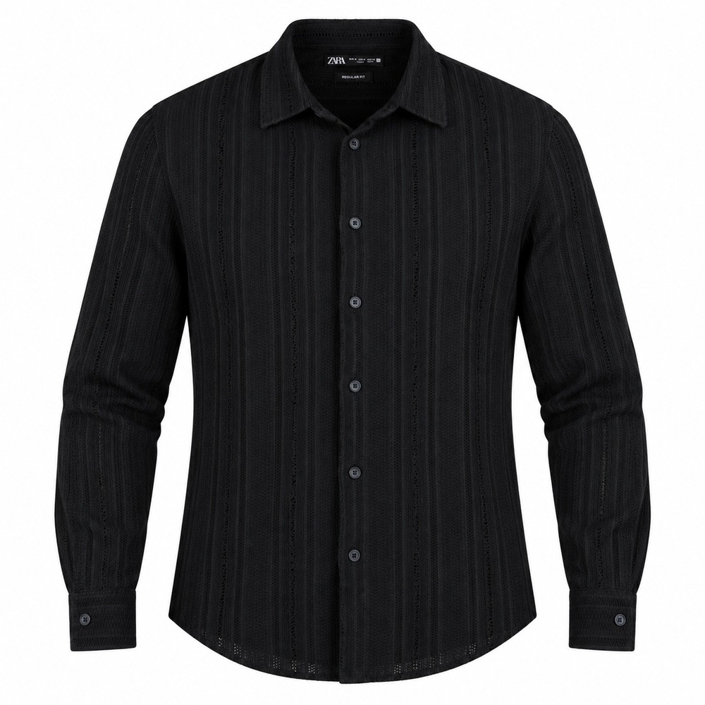 Zara Mens Button Up L Black Knit Crochet Lace Vertical Stripe Boho Retro Casual